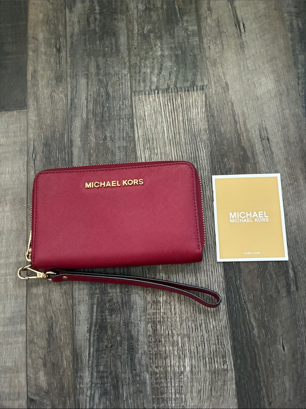 Michael Kors Red Leather Zip-Around Wristlet with Gold Hardware